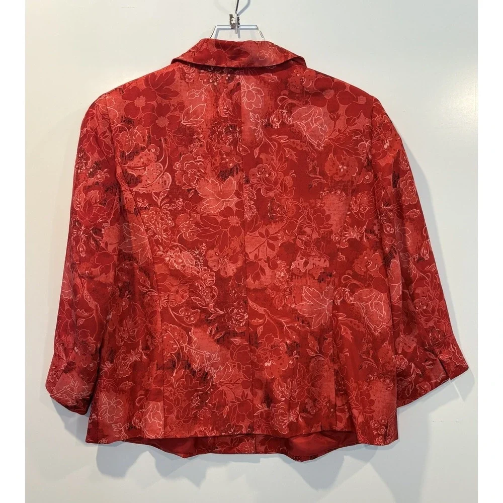 Kate Hill Woman 100% Silk Red Floral Blazer Jacket 16W 3/4 Sleeve Lined Notched